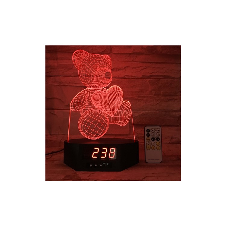 SZ136 Lovely 3D Bear Love Heart 3D Illusion Lamp Remote Control Color Changing Night Light with Clock-2