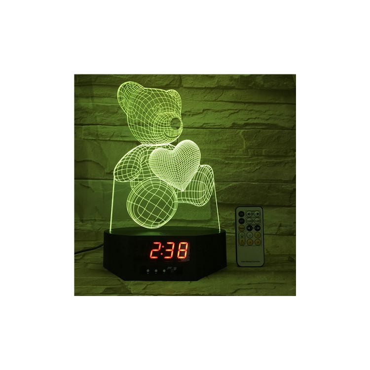 SZ136 Lovely 3D Bear Love Heart 3D Illusion Lamp Remote Control Color Changing Night Light with Clock-5