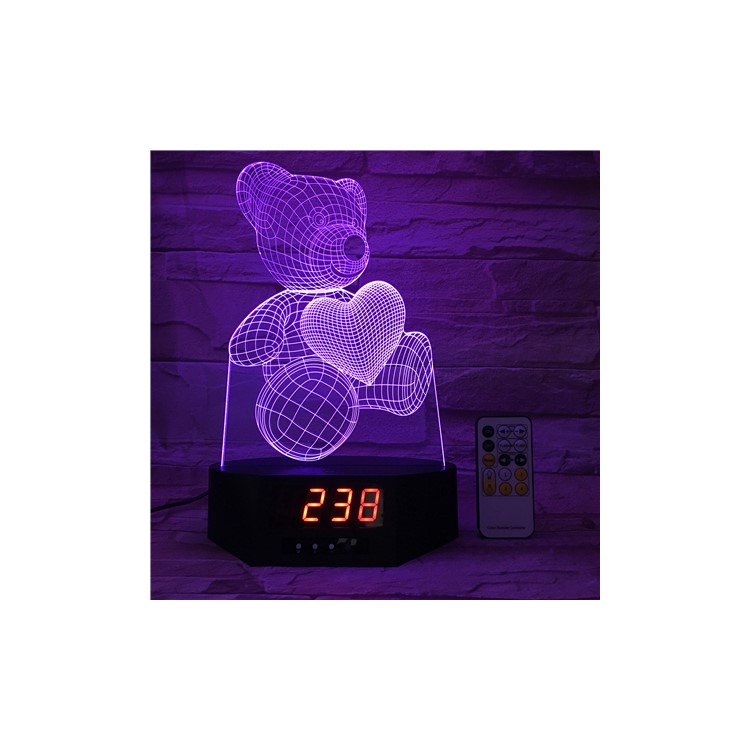 SZ136 Lovely 3D Bear Love Heart 3D Illusion Lamp Remote Control Color Changing Night Light with Clock-6