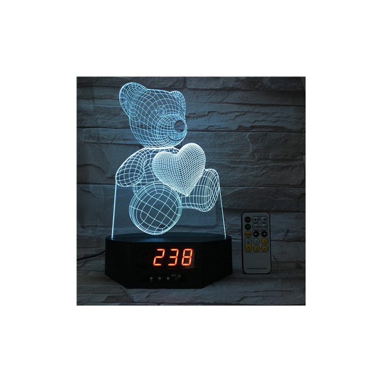 SZ136 Lovely 3D Bear Love Heart 3D Illusion Lamp Remote Control Color Changing Night Light with Clock-7