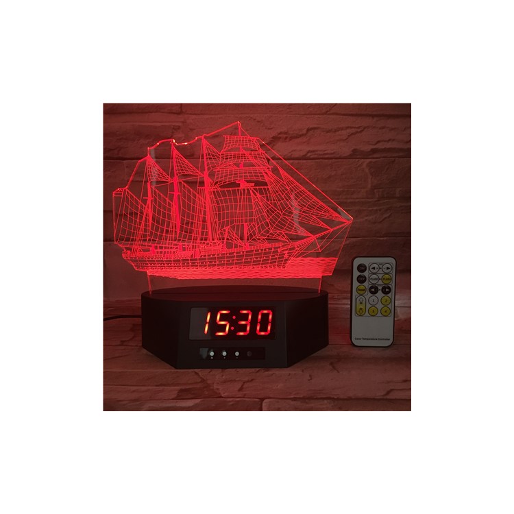 SZ183 Remote Control 3D Sailing Boat 3D Illusion Lamp Color Changing Table Lamp with Clock-2