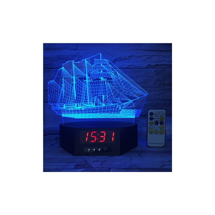 SZ183 Remote Control 3D Sailing Boat 3D Illusion Lamp Color Changing Table Lamp with Clock-4