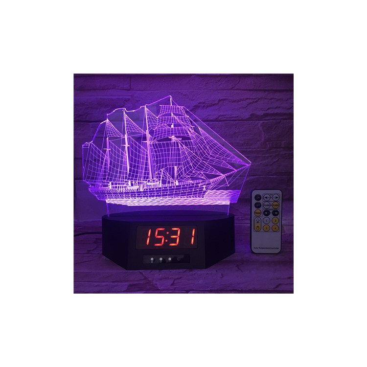 SZ183 Remote Control 3D Sailing Boat 3D Illusion Lamp Color Changing Table Lamp with Clock-7