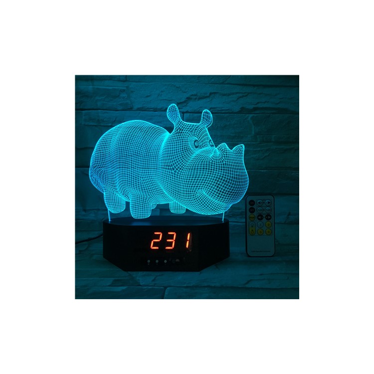 SZ596 Rhinoceros Clock 3D Illusion Visual LED Night Light Remote Control Table Lamp 7 Colors Changing-1