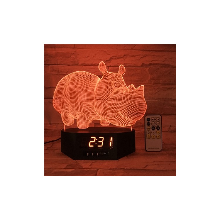 SZ596 Rhinoceros Clock 3D Illusion Visual LED Night Light Remote Control Table Lamp 7 Colors Changing-2