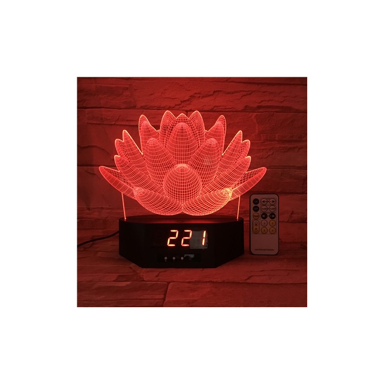 SZ100 Remote Control Lotus Pattern 3D Illusion Lamp Color Changing Night Lamp with Clock-2