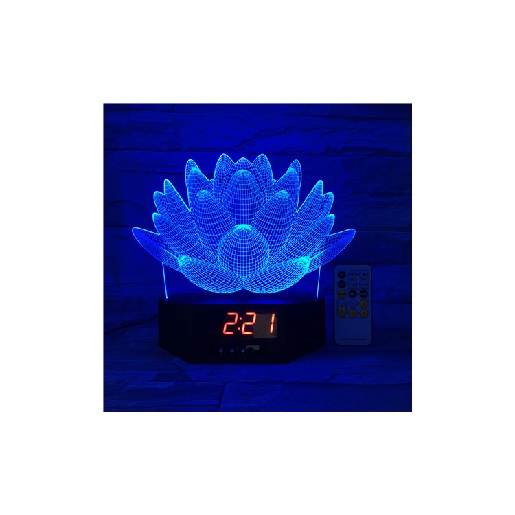 SZ100 Remote Control Lotus Pattern 3D Illusion Lamp Color Changing Night Lamp with Clock-4