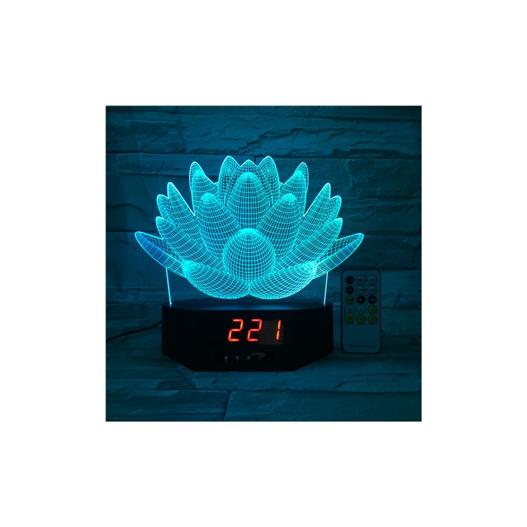 SZ100 Remote Control Lotus Pattern 3D Illusion Lamp Color Changing Night Lamp with Clock-6