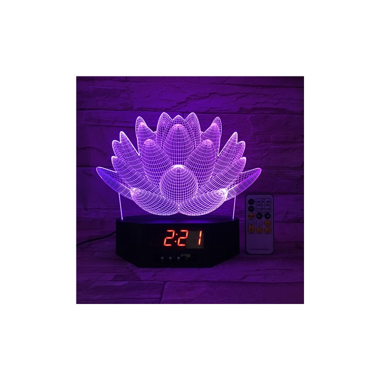 SZ100 Remote Control Lotus Pattern 3D Illusion Lamp Color Changing Night Lamp with Clock-7