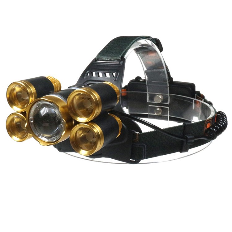 5 CREE LED 1500 Lumens Zoomable Headlight Head Torch for Outdoor Hiking Camping - Gold Color-1