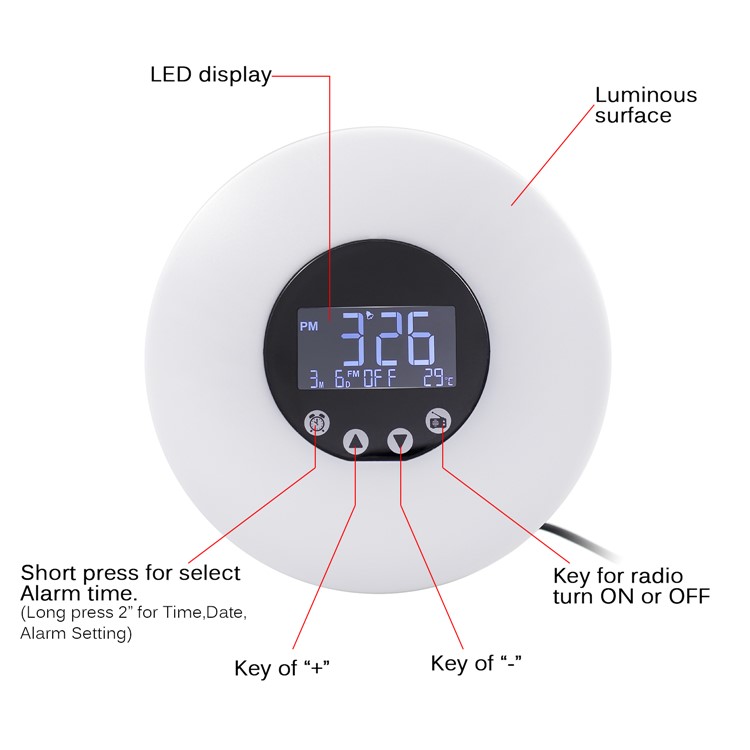 Multi-functional Dimmable Wireless Wake-up LED Light Alarm Clock with FM Radio-2