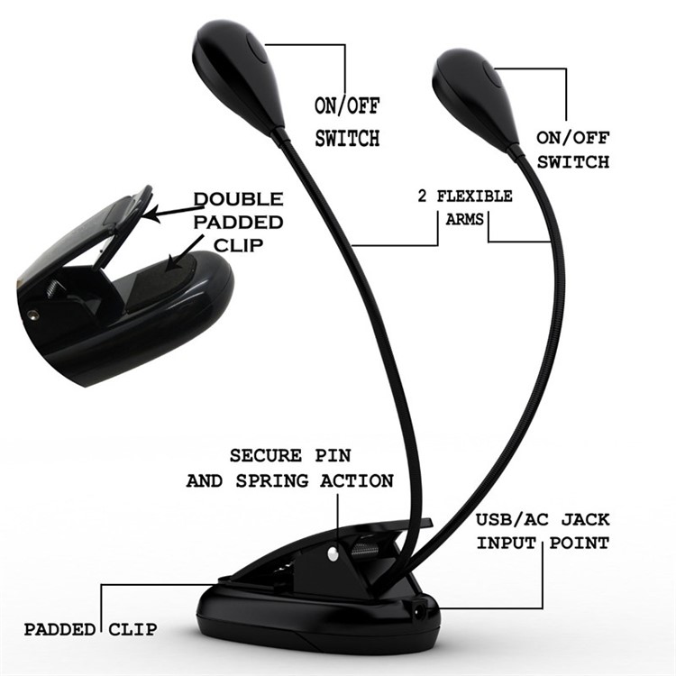 Clip Style 4 LED Music Stand Reading Lamp USB or AAA Battery Powered-10