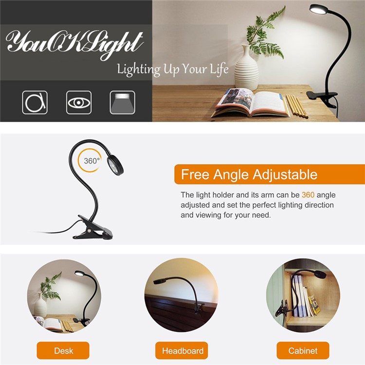 YOUOKLIGHT YK2310 3W Goose Neck Clip-on Desk LED Lamp - US Plug-3