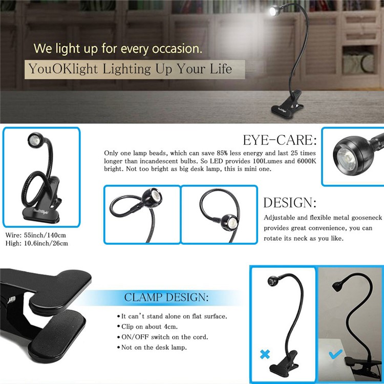 YOUOKLIGHT YK2309 1W Clip-on Desk LED Lamp Flexible Goose Neck LED Light - US Plug-2