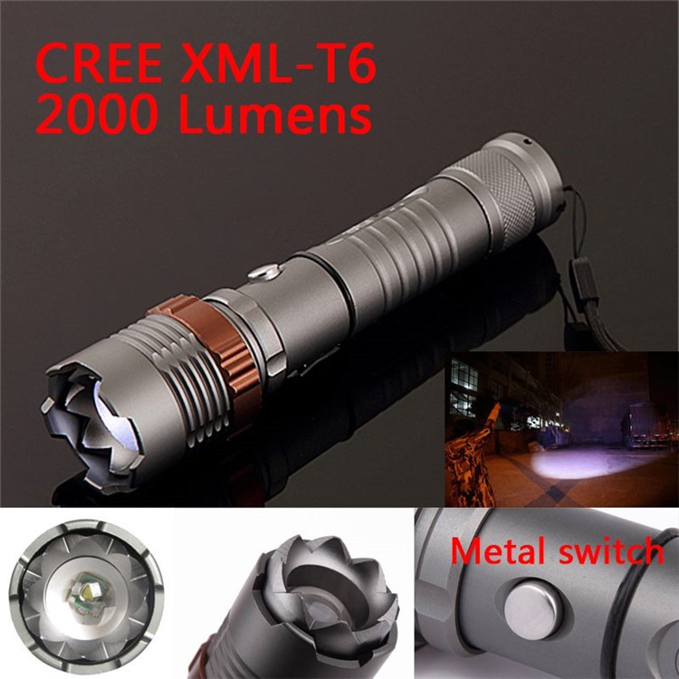 Adjustable Focus CREE XM-L T6 2000 Lumens LED Light Flashlight Torch Lantern - Grey-1