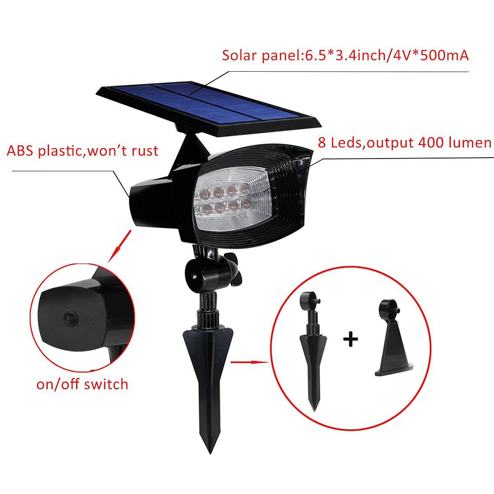 8-LED 400 Lumen Solar Spotlight Outdoor Landscape Light IP44 Waterproof Wall-mount In-ground White Light