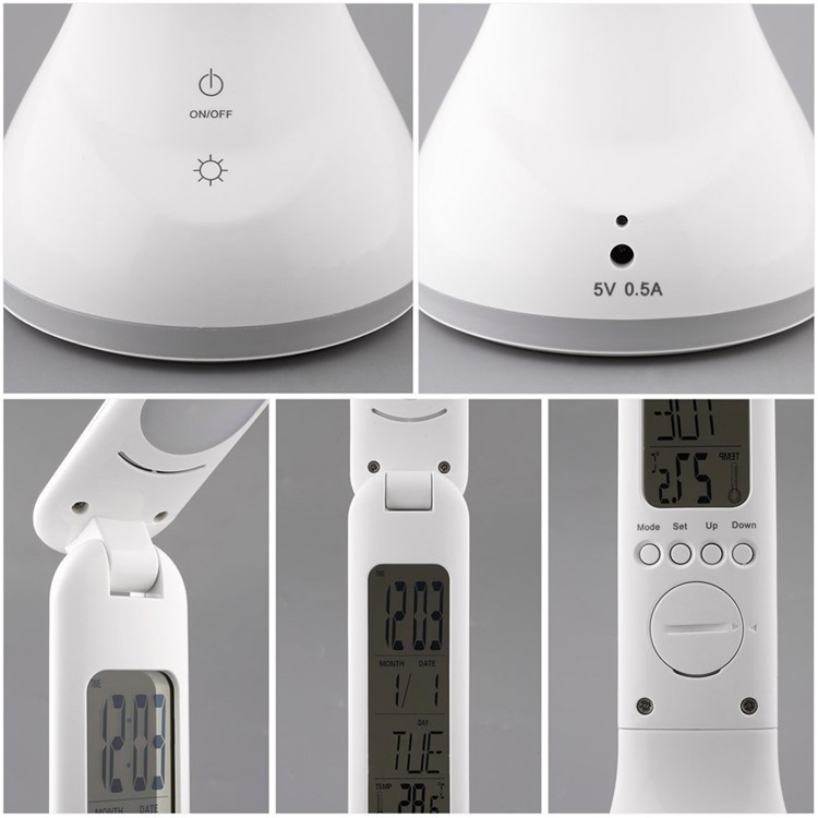 Dimmable LED Desk Lamp Eye-care Folding Atmosphere Night Light with Calendar/Time/Clock Alarm - White-3