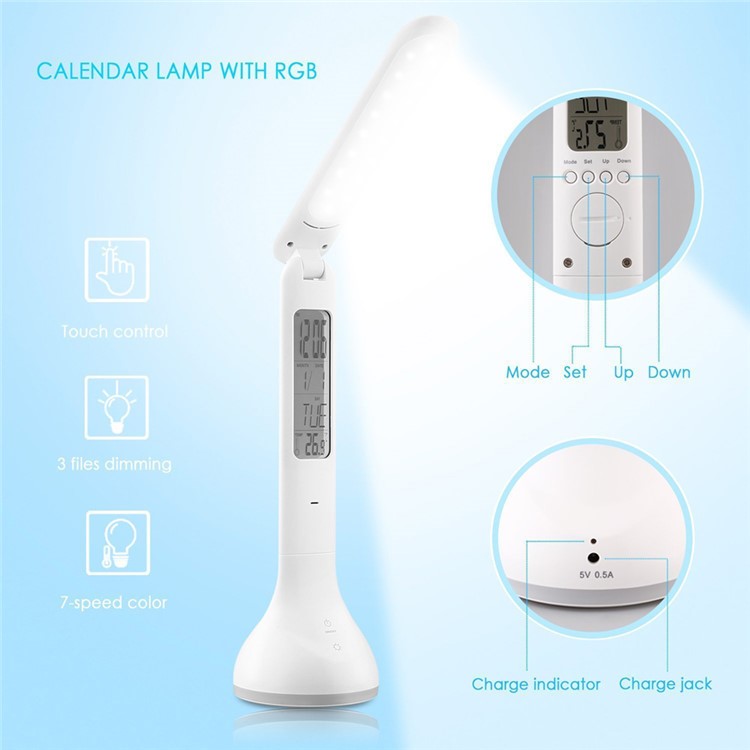 Dimmable LED Desk Lamp Eye-care Folding Atmosphere Night Light with Calendar/Time/Clock Alarm - White-5