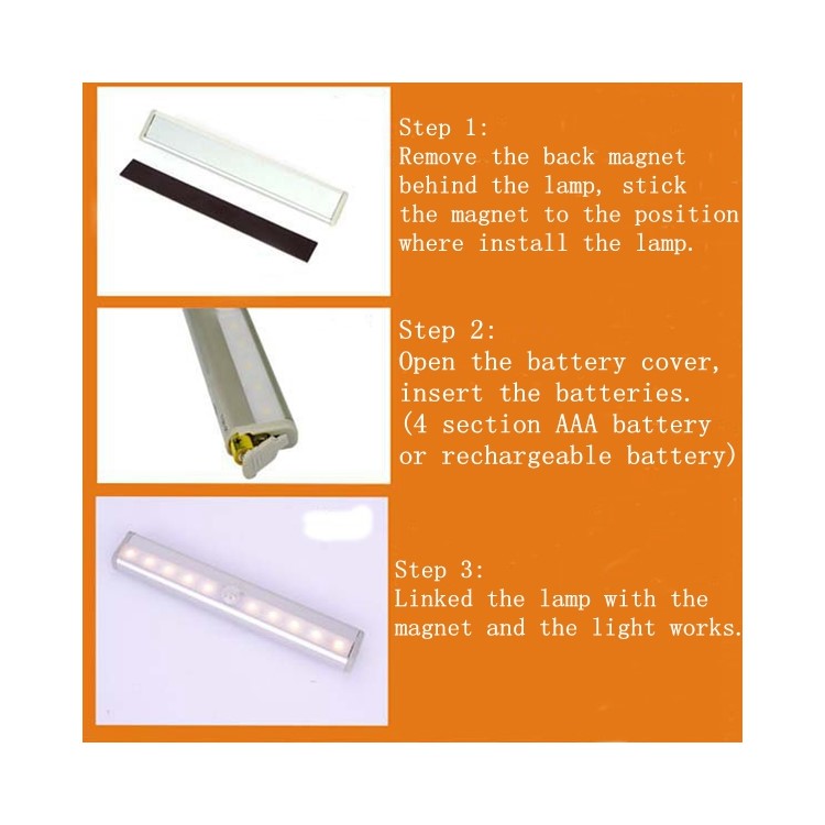 10 LEDs PIR Motion Sensor Cabinet Light Battery Powered Night Light - White / White Light-38