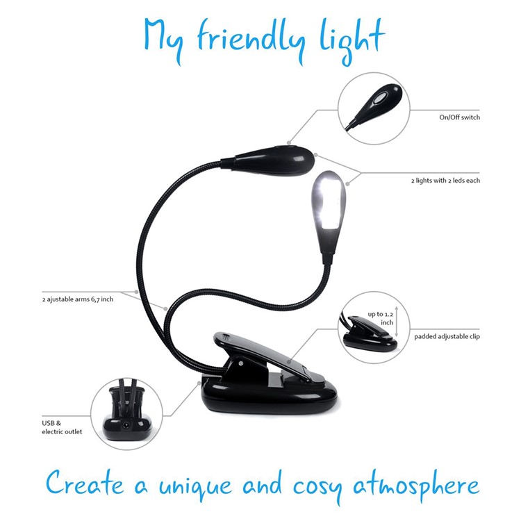 YK2220 Double Head USB Rechargeable LED Lamp Light with Clip-3