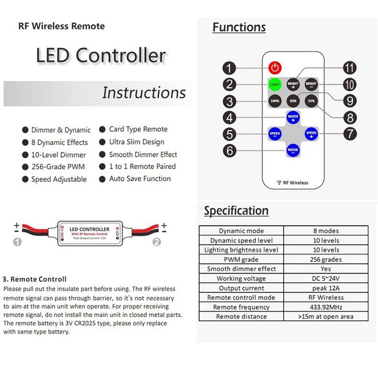 YouOKLight Mini RF 433.92MHz Single Color LED Strip Dimmer Controller Set-7