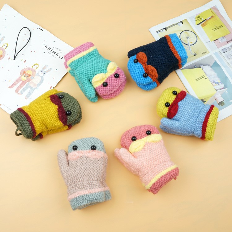 Winter Warm Cartoon Figure Knitted Gloves Hanging Neck Full Finger Gloves for 1-3 Year Olds Kids-1