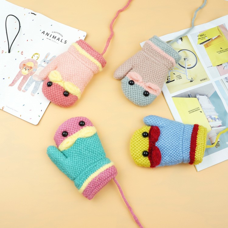 Winter Warm Cartoon Figure Knitted Gloves Hanging Neck Full Finger Gloves for 1-3 Year Olds Kids-12