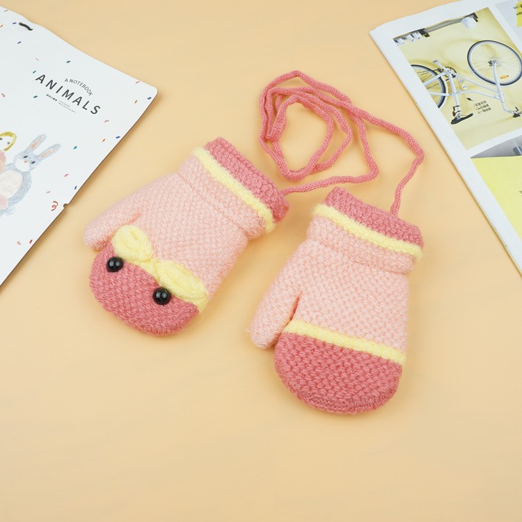 Winter Warm Cartoon Figure Knitted Gloves Hanging Neck Full Finger Gloves for 1-3 Year Olds Kids-2