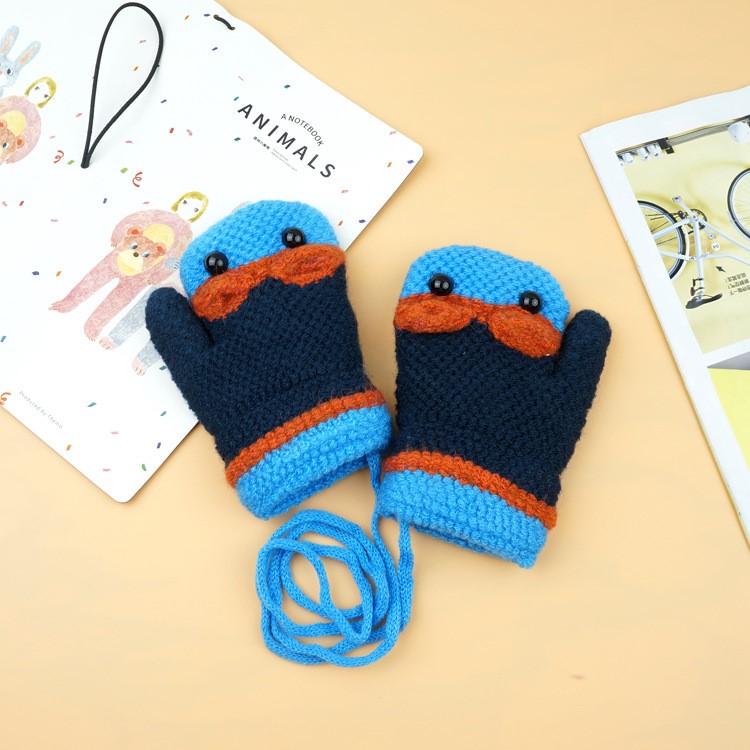 Winter Warm Cartoon Figure Knitted Gloves Hanging Neck Full Finger Gloves for 1-3 Year Olds Kids-3