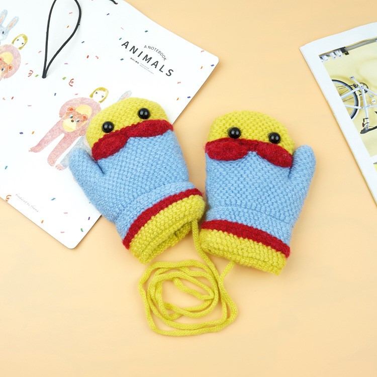 Winter Warm Cartoon Figure Knitted Gloves Hanging Neck Full Finger Gloves for 1-3 Year Olds Kids-5