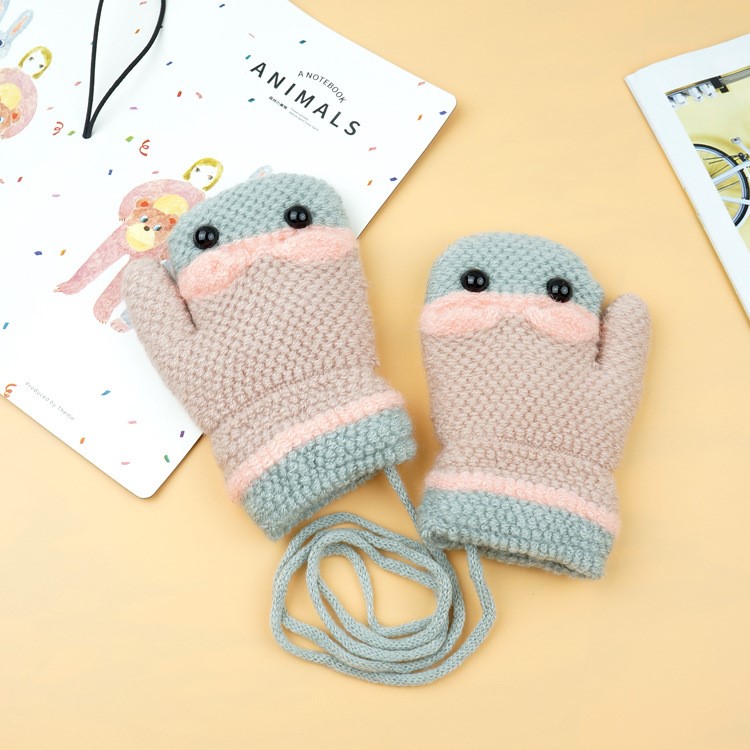 Winter Warm Cartoon Figure Knitted Gloves Hanging Neck Full Finger Gloves for 1-3 Year Olds Kids-9