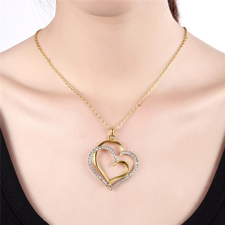 Women Necklace with Rhinestone Heart Pendant - Gold Plated-2