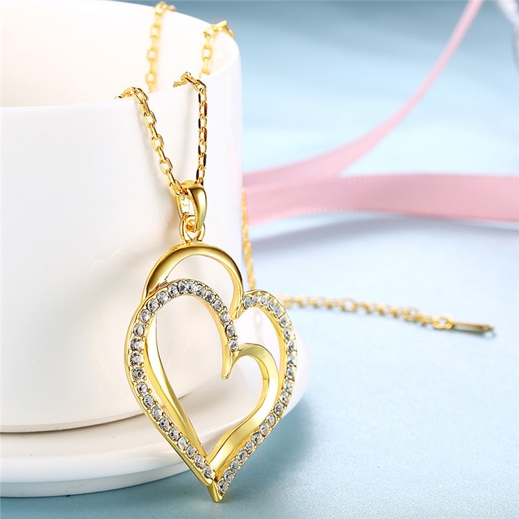Women Necklace with Rhinestone Heart Pendant - Gold Plated-4