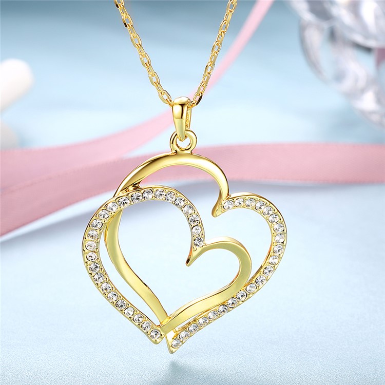 Women Necklace with Rhinestone Heart Pendant - Gold Plated-5