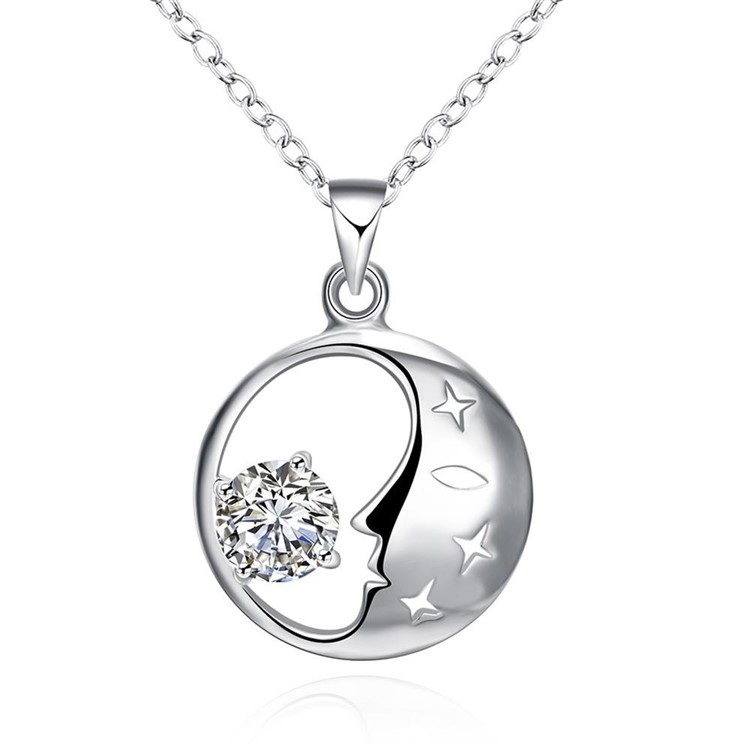 Classic Moon Zircon Crystal Pendant Silver Plated Necklace Chain P316-1