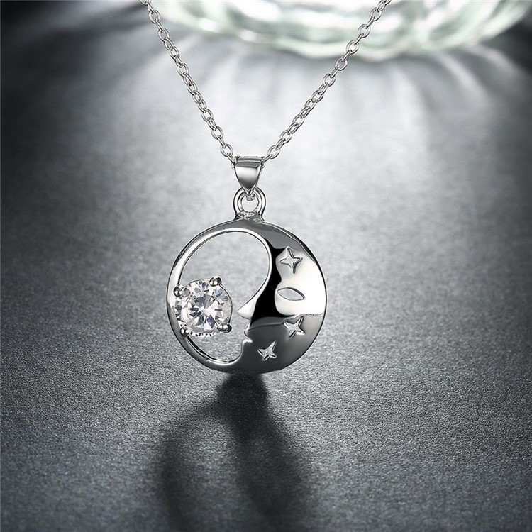 Classic Moon Zircon Crystal Pendant Silver Plated Necklace Chain P316-3