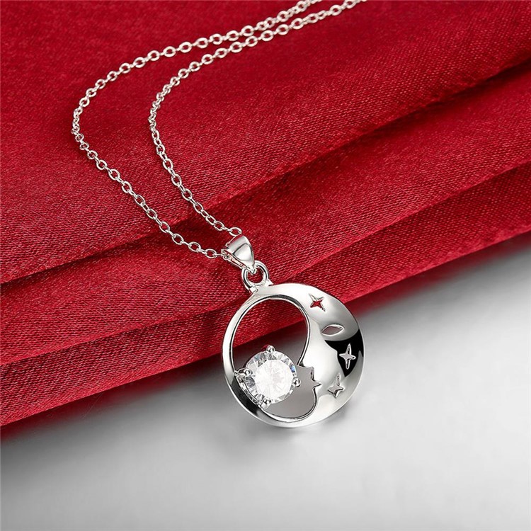 Classic Moon Zircon Crystal Pendant Silver Plated Necklace Chain P316-4