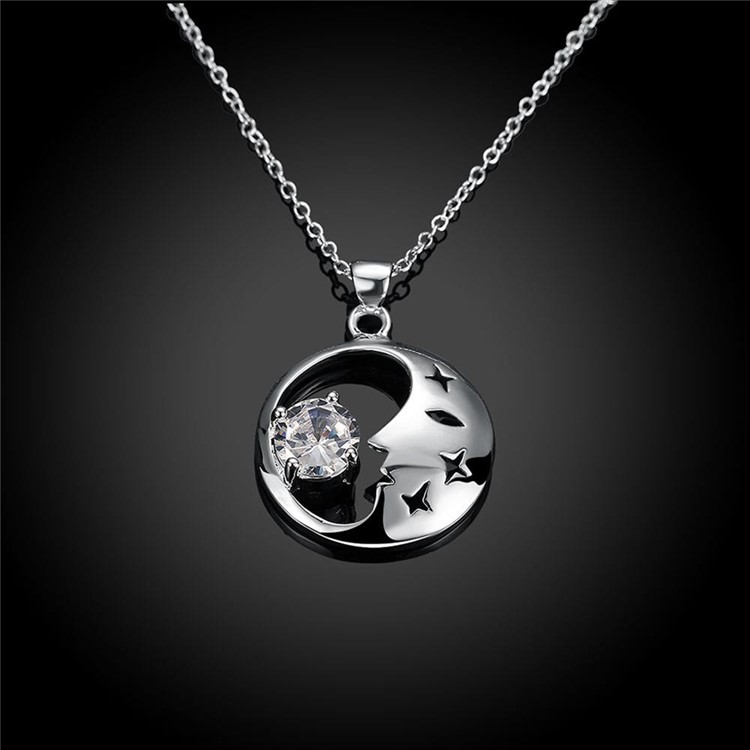Classic Moon Zircon Crystal Pendant Silver Plated Necklace Chain P316-5