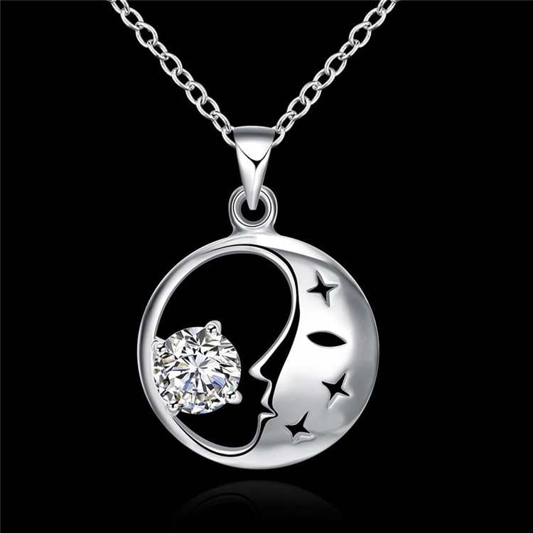 Classic Moon Zircon Crystal Pendant Silver Plated Necklace Chain P316-7