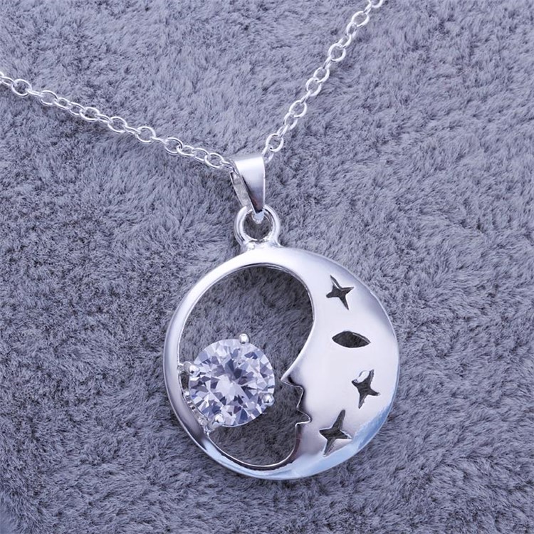 Classic Moon Zircon Crystal Pendant Silver Plated Necklace Chain P316-8