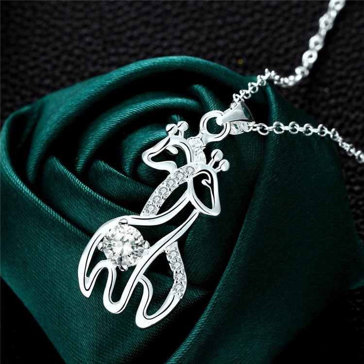 Trendy Silver Plated Zircon Lovely Giraffes Shaped Pendant Necklace Women Jewelry-3
