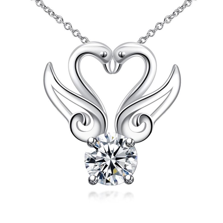 Trendy Zircon Dual-swan Shaped Pendant Necklace Silver Plated Chain for Women - Silver-1