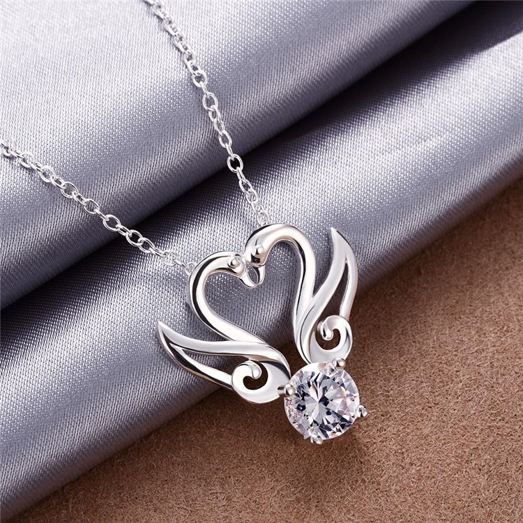 Trendy Zircon Dual-swan Shaped Pendant Necklace Silver Plated Chain for Women - Silver-3