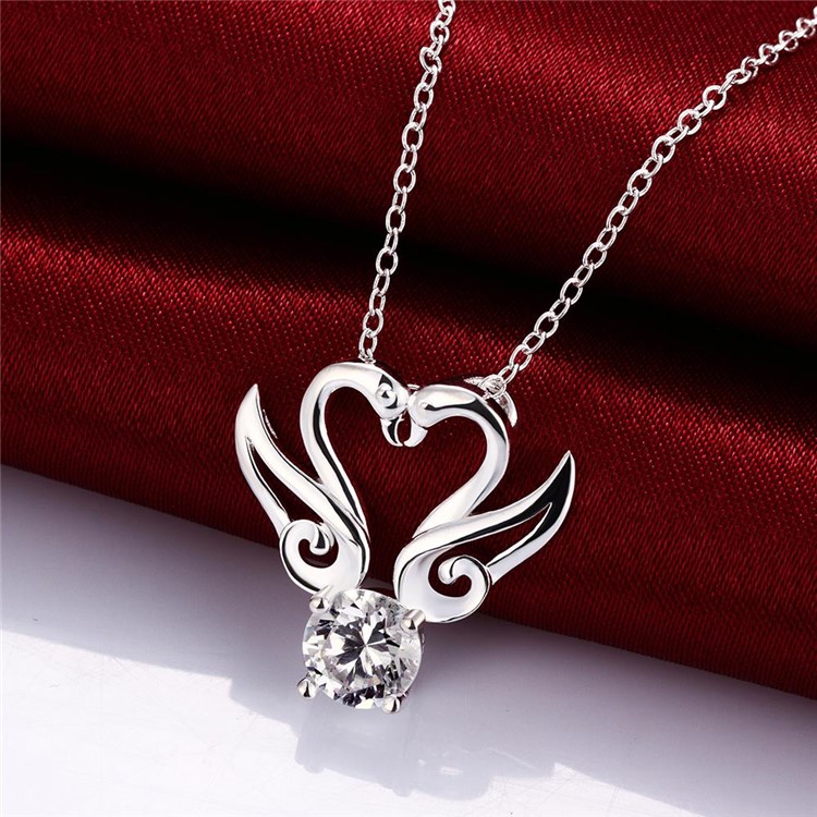 Trendy Zircon Dual-swan Shaped Pendant Necklace Silver Plated Chain for Women - Silver-4