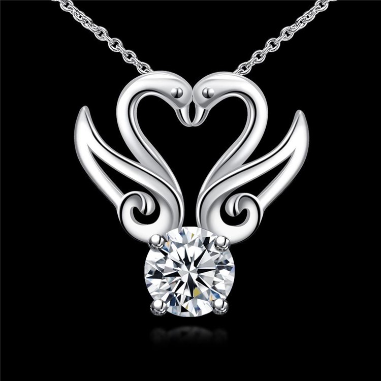 Trendy Zircon Dual-swan Shaped Pendant Necklace Silver Plated Chain for Women - Silver-7