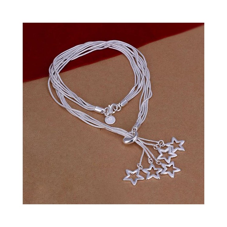 Silver Plated Stars Pattern Pendant Long Necklace Chain-1
