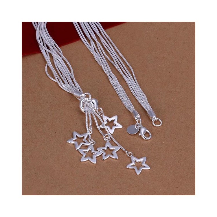 Silver Plated Stars Pattern Pendant Long Necklace Chain-2