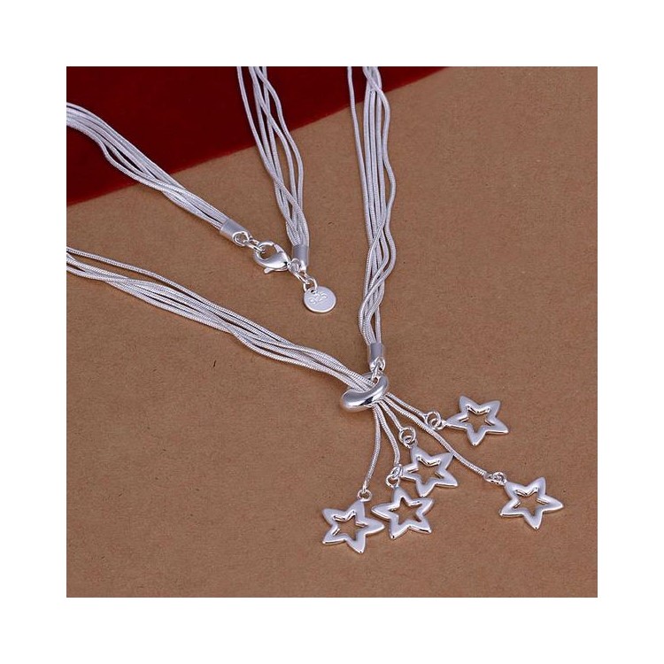 Silver Plated Stars Pattern Pendant Long Necklace Chain-3