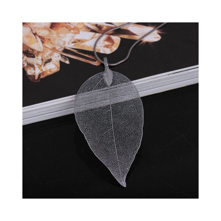 Women's Plated Leaf Pendant Sweater Chain Long Necklace Fashion Jewelry - Grey-1