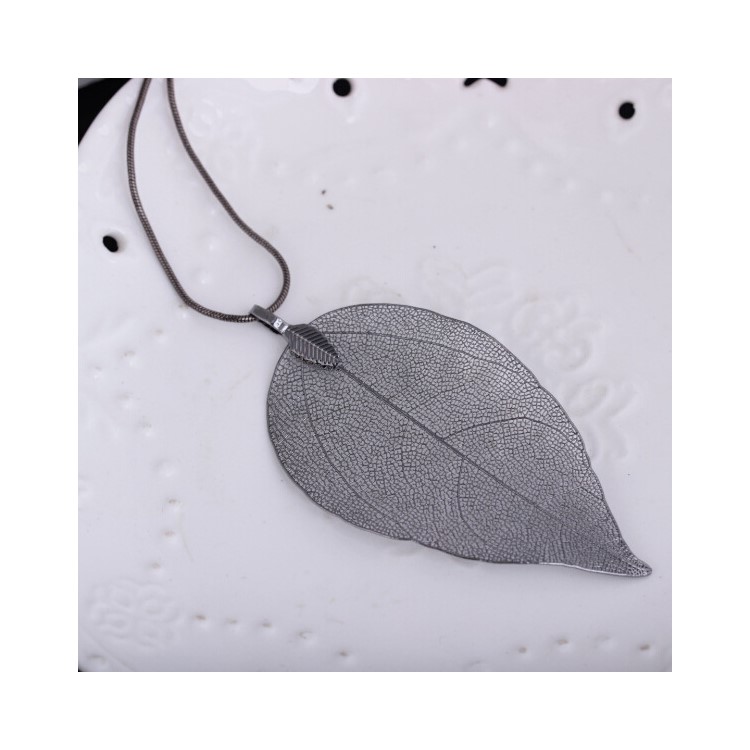 Women's Plated Leaf Pendant Sweater Chain Long Necklace Fashion Jewelry - Grey-2